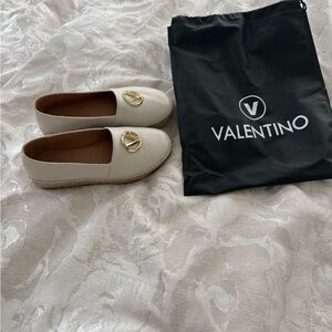 Valentino Cream Leather Espadrille with Gold Logo Medallion